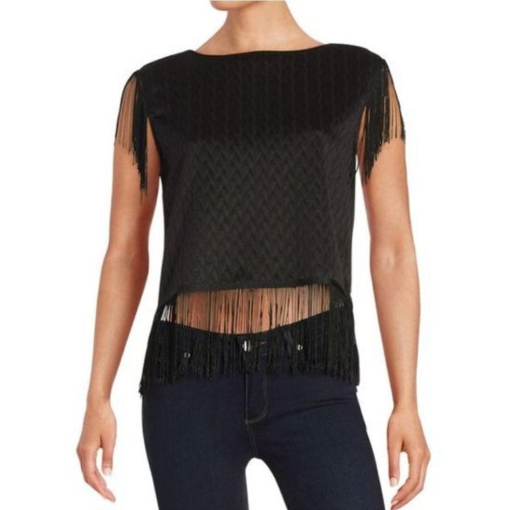 YIGAL x DESIGN LAB black fringe quilted sleeveless goth minimalist tank top XS‎
